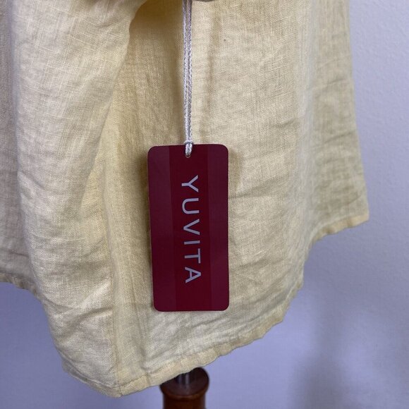 Yuvita NWT 100% Linen Top Yellow Women's Large Boho Button Front Short Sleeve - Picture 8 of 11